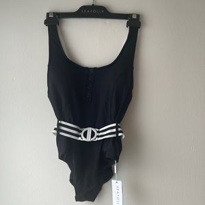 Seafolly Black One-Piece Swimsuit with White Striped Belt and Round Buckle